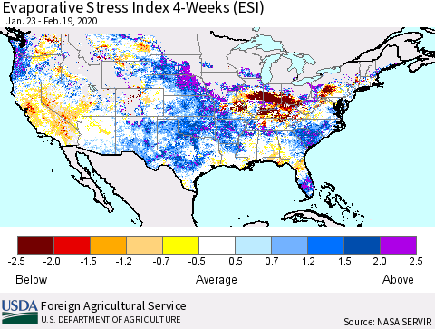 United States Evaporative Stress Index 4-Weeks (ESI) Thematic Map For 2/17/2020 - 2/23/2020