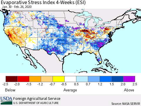 United States Evaporative Stress Index (ESI), 4-Weeks Thematic Map For 2/24/2020 - 3/1/2020