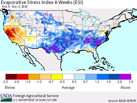 United States Evaporative Stress Index (ESI), 4-Weeks Thematic Map For 3/2/2020 - 3/8/2020
