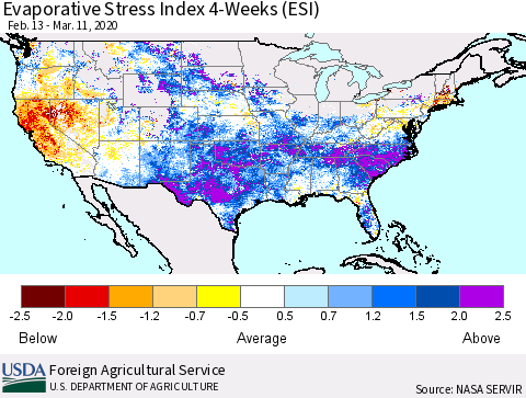 United States Evaporative Stress Index (ESI), 4-Weeks Thematic Map For 3/9/2020 - 3/15/2020