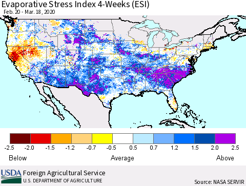 United States Evaporative Stress Index 4-Weeks (ESI) Thematic Map For 3/16/2020 - 3/22/2020