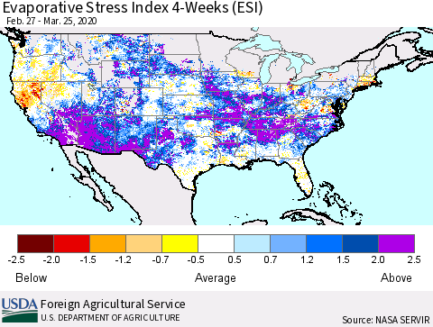 United States Evaporative Stress Index (ESI), 4-Weeks Thematic Map For 3/23/2020 - 3/29/2020