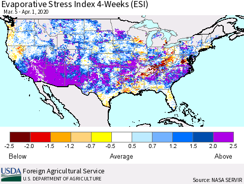 United States Evaporative Stress Index (ESI), 4-Weeks Thematic Map For 3/30/2020 - 4/5/2020