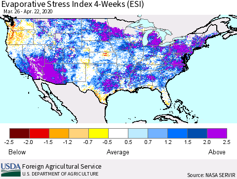 United States Evaporative Stress Index 4-Weeks (ESI) Thematic Map For 4/20/2020 - 4/26/2020