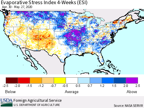 United States Evaporative Stress Index (ESI), 4-Weeks Thematic Map For 5/25/2020 - 5/31/2020