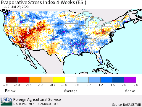 United States Evaporative Stress Index (ESI), 4-Weeks Thematic Map For 7/27/2020 - 8/2/2020