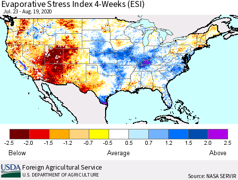 United States Evaporative Stress Index (ESI), 4-Weeks Thematic Map For 8/17/2020 - 8/23/2020