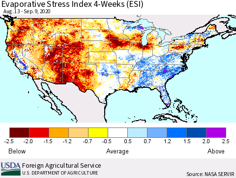 United States Evaporative Stress Index 4-Weeks (ESI) Thematic Map For 9/7/2020 - 9/13/2020