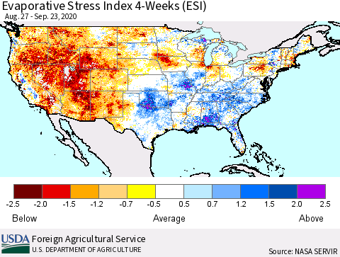 United States Evaporative Stress Index (ESI), 4-Weeks Thematic Map For 9/21/2020 - 9/27/2020