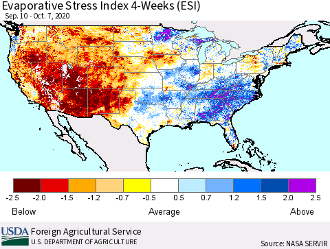 United States Evaporative Stress Index (ESI), 4-Weeks Thematic Map For 10/5/2020 - 10/11/2020