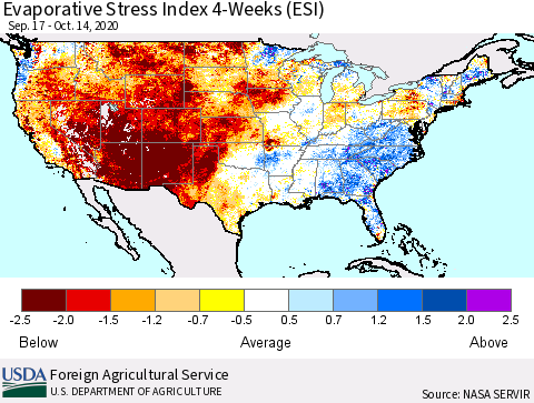 United States Evaporative Stress Index 4-Weeks (ESI) Thematic Map For 10/12/2020 - 10/18/2020