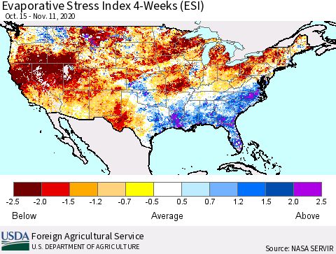 United States Evaporative Stress Index (ESI), 4-Weeks Thematic Map For 11/9/2020 - 11/15/2020