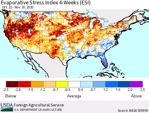 United States Evaporative Stress Index (ESI), 4-Weeks Thematic Map For 11/16/2020 - 11/22/2020