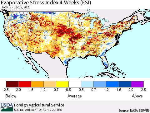 United States Evaporative Stress Index (ESI), 4-Weeks Thematic Map For 11/30/2020 - 12/6/2020