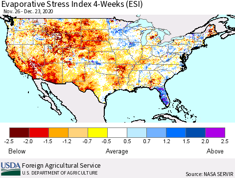 United States Evaporative Stress Index 4-Weeks (ESI) Thematic Map For 12/21/2020 - 12/27/2020