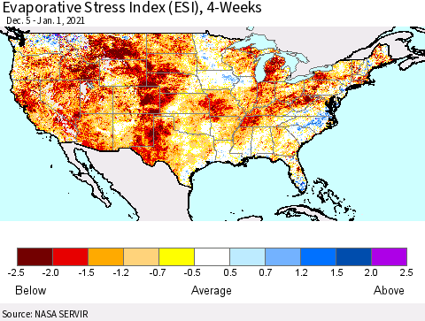 United States Evaporative Stress Index (ESI), 4-Weeks Thematic Map For 12/28/2020 - 1/3/2021
