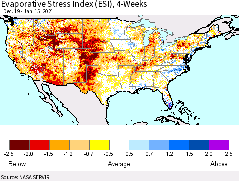United States Evaporative Stress Index (ESI), 4-Weeks Thematic Map For 1/11/2021 - 1/17/2021
