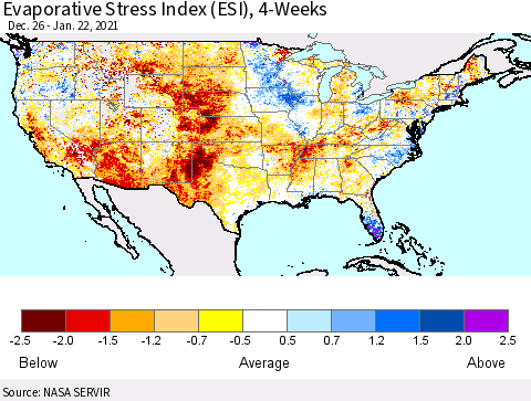 United States Evaporative Stress Index 4-Weeks (ESI) Thematic Map For 1/18/2021 - 1/24/2021