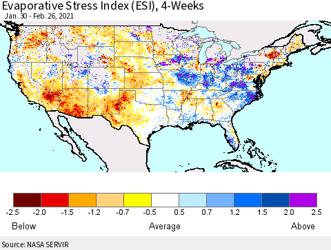 United States Evaporative Stress Index 4-Weeks (ESI) Thematic Map For 2/22/2021 - 2/28/2021