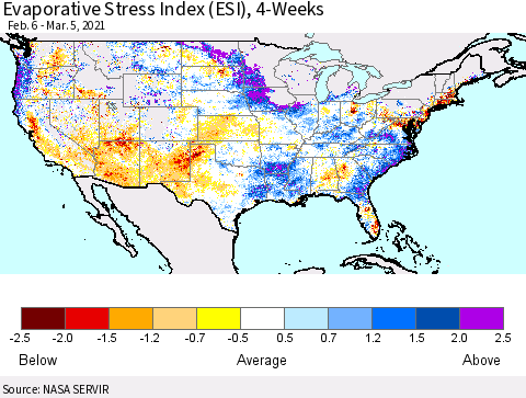 United States Evaporative Stress Index (ESI), 4-Weeks Thematic Map For 3/1/2021 - 3/7/2021