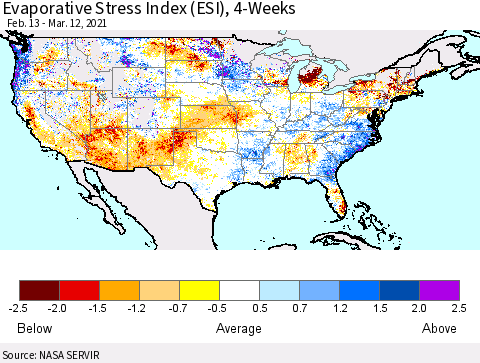 United States Evaporative Stress Index (ESI), 4-Weeks Thematic Map For 3/8/2021 - 3/14/2021