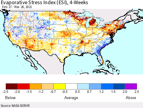 United States Evaporative Stress Index (ESI), 4-Weeks Thematic Map For 3/22/2021 - 3/28/2021