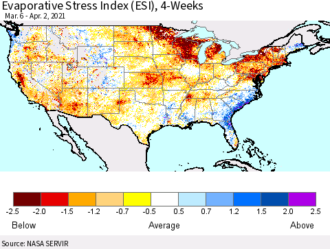 United States Evaporative Stress Index 4-Weeks (ESI) Thematic Map For 3/29/2021 - 4/4/2021