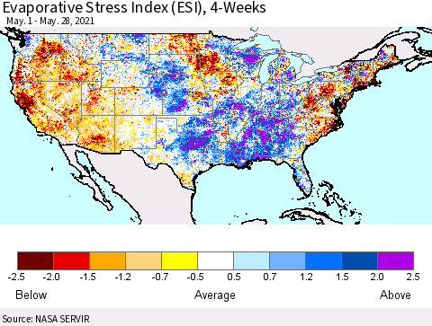 United States Evaporative Stress Index (ESI), 4-Weeks Thematic Map For 5/24/2021 - 5/30/2021