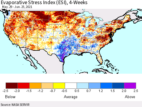 United States Evaporative Stress Index (ESI), 4-Weeks Thematic Map For 6/21/2021 - 6/27/2021