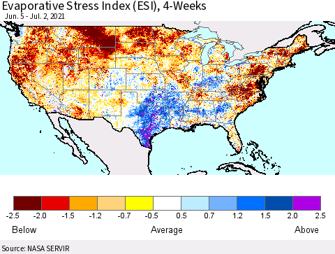United States Evaporative Stress Index 4-Weeks (ESI) Thematic Map For 6/28/2021 - 7/4/2021