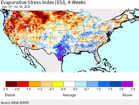 United States Evaporative Stress Index (ESI), 4-Weeks Thematic Map For 7/12/2021 - 7/18/2021