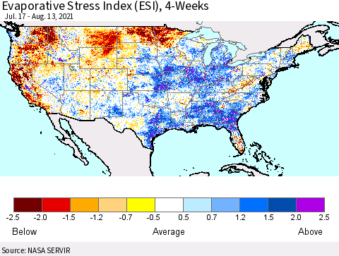 United States Evaporative Stress Index 4-Weeks (ESI) Thematic Map For 8/9/2021 - 8/15/2021