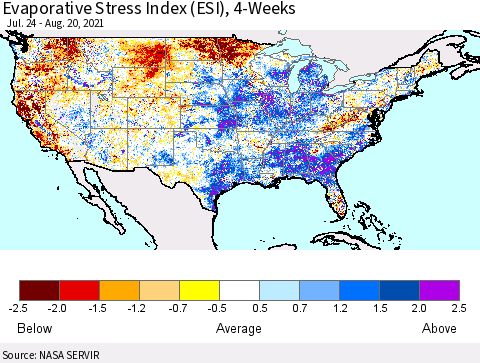 United States Evaporative Stress Index (ESI), 4-Weeks Thematic Map For 8/16/2021 - 8/22/2021