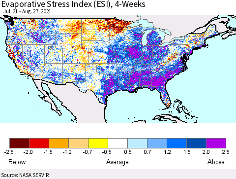 United States Evaporative Stress Index 4-Weeks (ESI) Thematic Map For 8/23/2021 - 8/29/2021