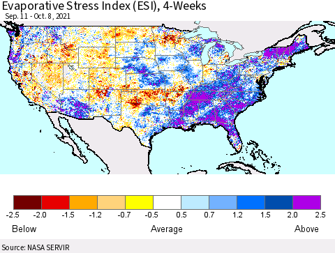 United States Evaporative Stress Index (ESI), 4-Weeks Thematic Map For 10/4/2021 - 10/10/2021