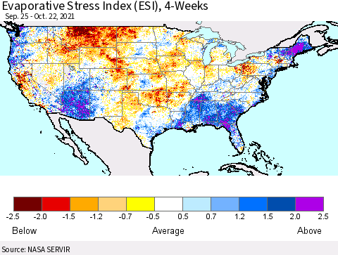 United States Evaporative Stress Index (ESI), 4-Weeks Thematic Map For 10/18/2021 - 10/24/2021