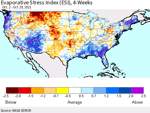 United States Evaporative Stress Index (ESI), 4-Weeks Thematic Map For 10/25/2021 - 10/31/2021