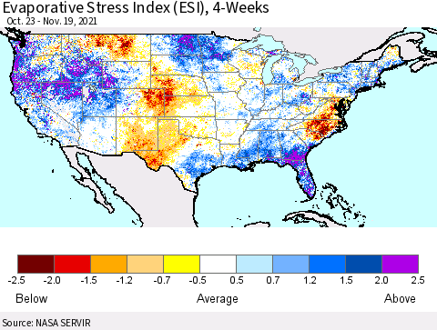 United States Evaporative Stress Index (ESI), 4-Weeks Thematic Map For 11/15/2021 - 11/21/2021