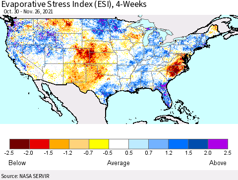 United States Evaporative Stress Index (ESI), 4-Weeks Thematic Map For 11/22/2021 - 11/28/2021