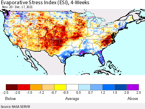 United States Evaporative Stress Index (ESI), 4-Weeks Thematic Map For 12/13/2021 - 12/19/2021