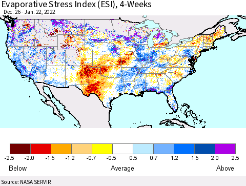 United States Evaporative Stress Index (ESI), 4-Weeks Thematic Map For 1/17/2022 - 1/23/2022