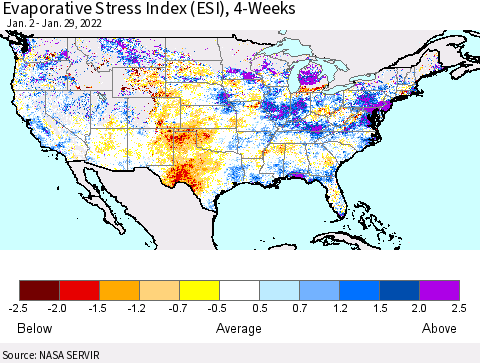 United States Evaporative Stress Index (ESI), 4-Weeks Thematic Map For 1/24/2022 - 1/30/2022