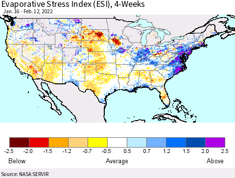 United States Evaporative Stress Index (ESI), 4-Weeks Thematic Map For 2/7/2022 - 2/13/2022