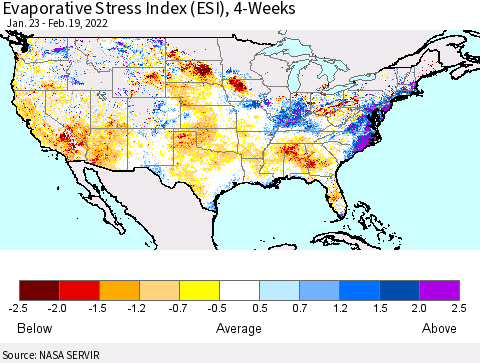 United States Evaporative Stress Index (ESI), 4-Weeks Thematic Map For 2/14/2022 - 2/20/2022
