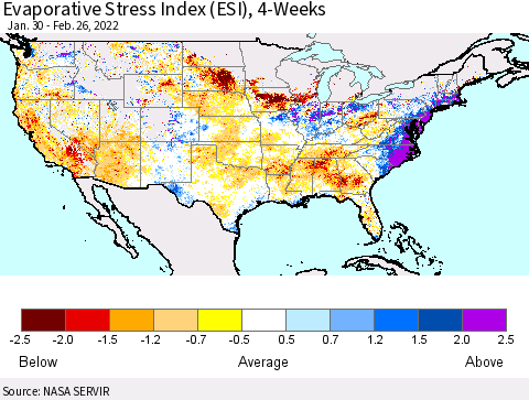 United States Evaporative Stress Index (ESI), 4-Weeks Thematic Map For 2/21/2022 - 2/27/2022