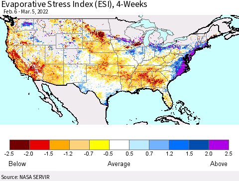 United States Evaporative Stress Index (ESI), 4-Weeks Thematic Map For 2/28/2022 - 3/6/2022