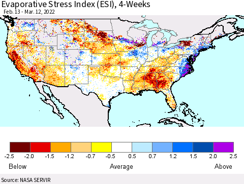 United States Evaporative Stress Index (ESI), 4-Weeks Thematic Map For 3/7/2022 - 3/13/2022