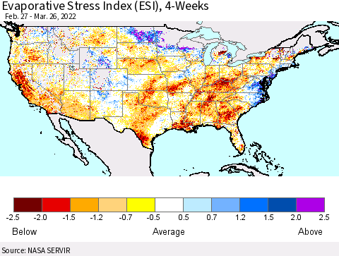 United States Evaporative Stress Index (ESI), 4-Weeks Thematic Map For 3/21/2022 - 3/27/2022