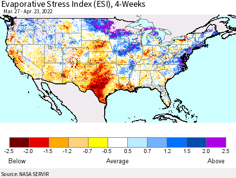 United States Evaporative Stress Index (ESI), 4-Weeks Thematic Map For 4/18/2022 - 4/24/2022