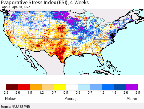 United States Evaporative Stress Index (ESI), 4-Weeks Thematic Map For 4/25/2022 - 5/1/2022